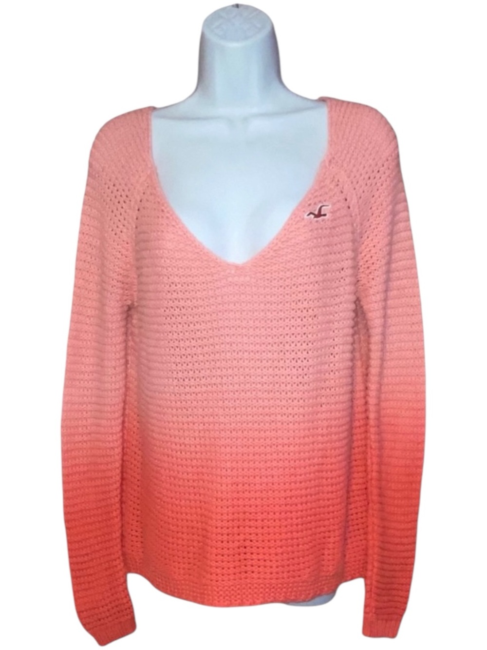 HOLLISTER Pink Coral Ombre Open Knit Deep V-Neck Sweater - Women’s Medium